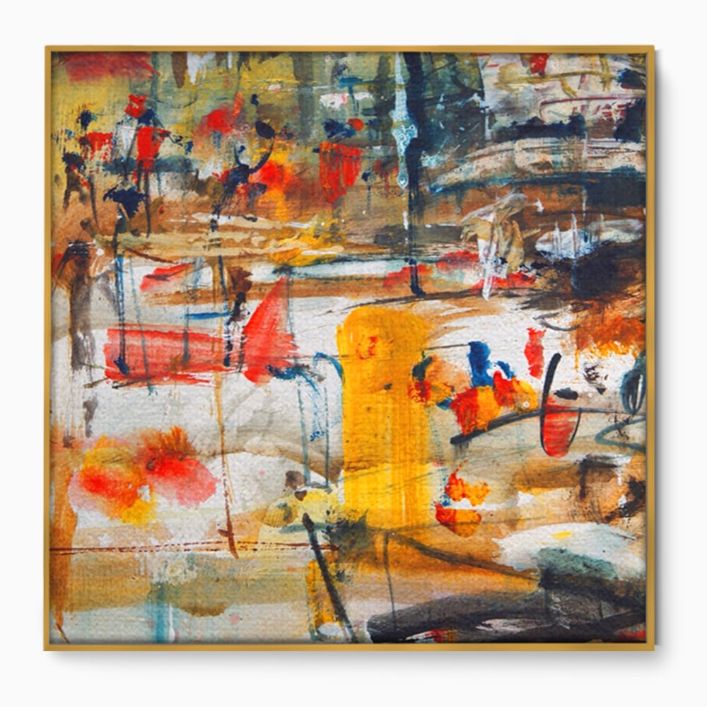 Tablou canvas cu tablou abstract cu pete rosii si galbene, in rama de aluminiu auriu